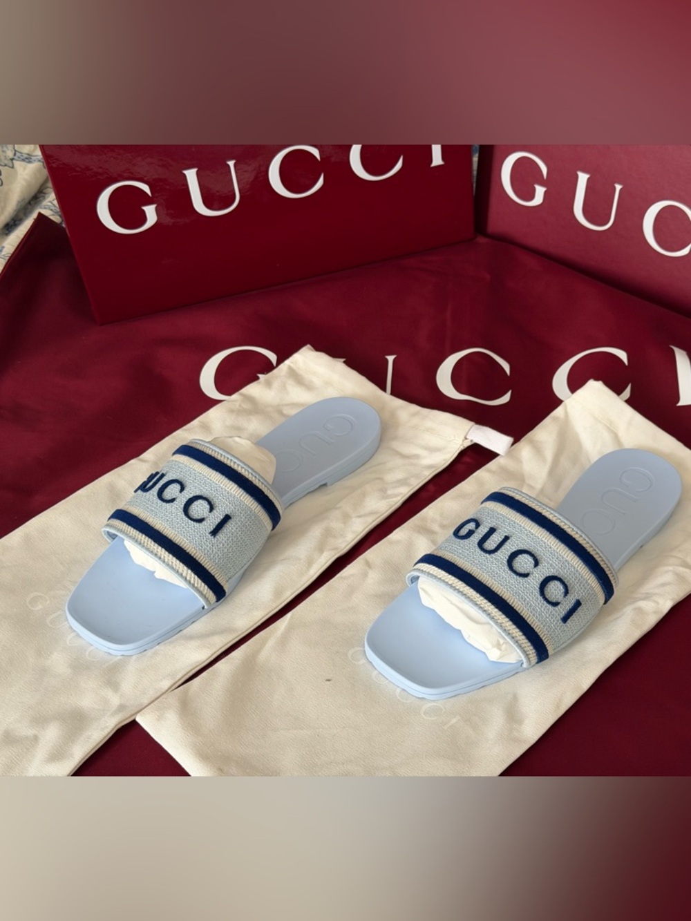 Gucci Blue & Navy  Embroidered Logo Slide Sandals 38 NIB